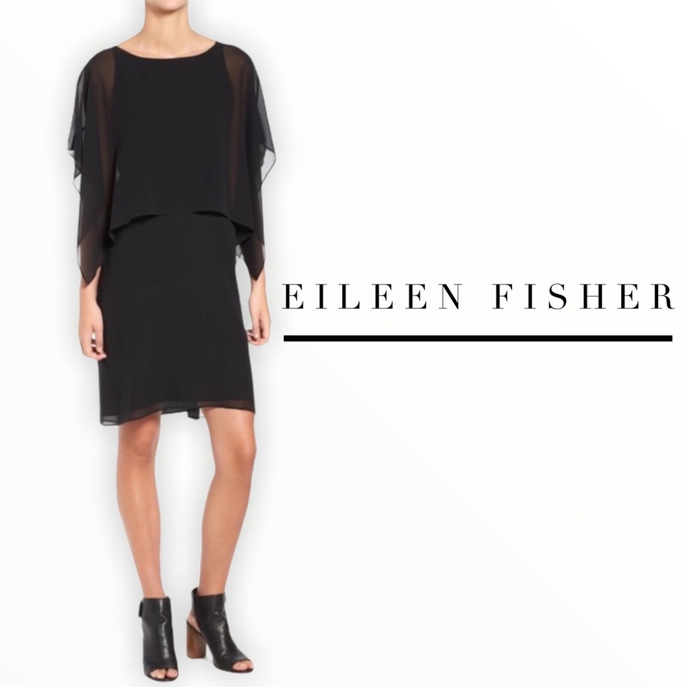 Eileen Fisher black silk georgette popover dress, Size M, black